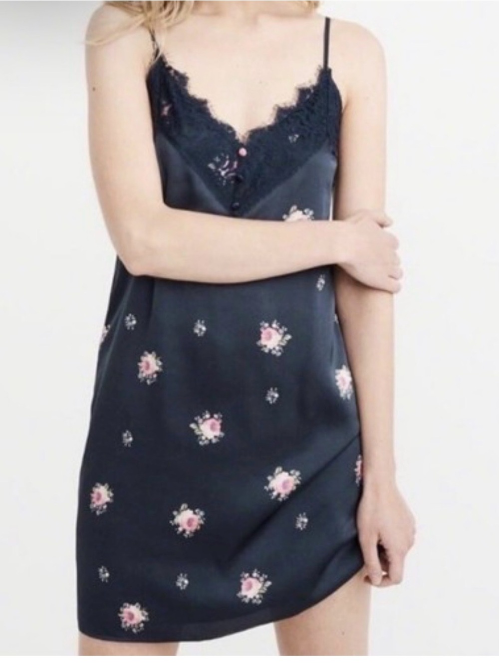 Abercrombie & Fitch Navy Satin Chemise with Pink Floral Embroidery